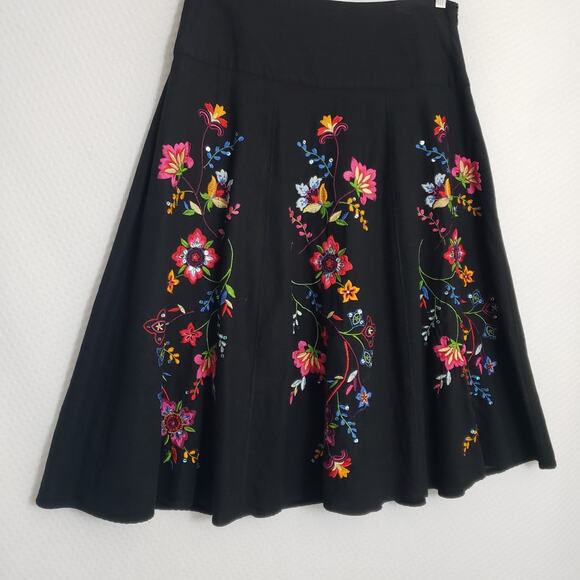 VTG Carole Little Sz 8 Black Linen Rayon‎ Peasant Skirt Floral Embroidered Boho - Picture 2 of 10